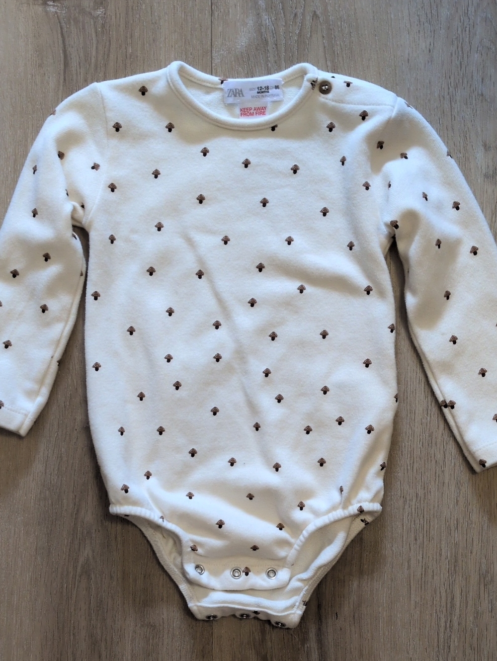 Zara Cream Long-Sleeve One-Piece with Brown Mushroom Print